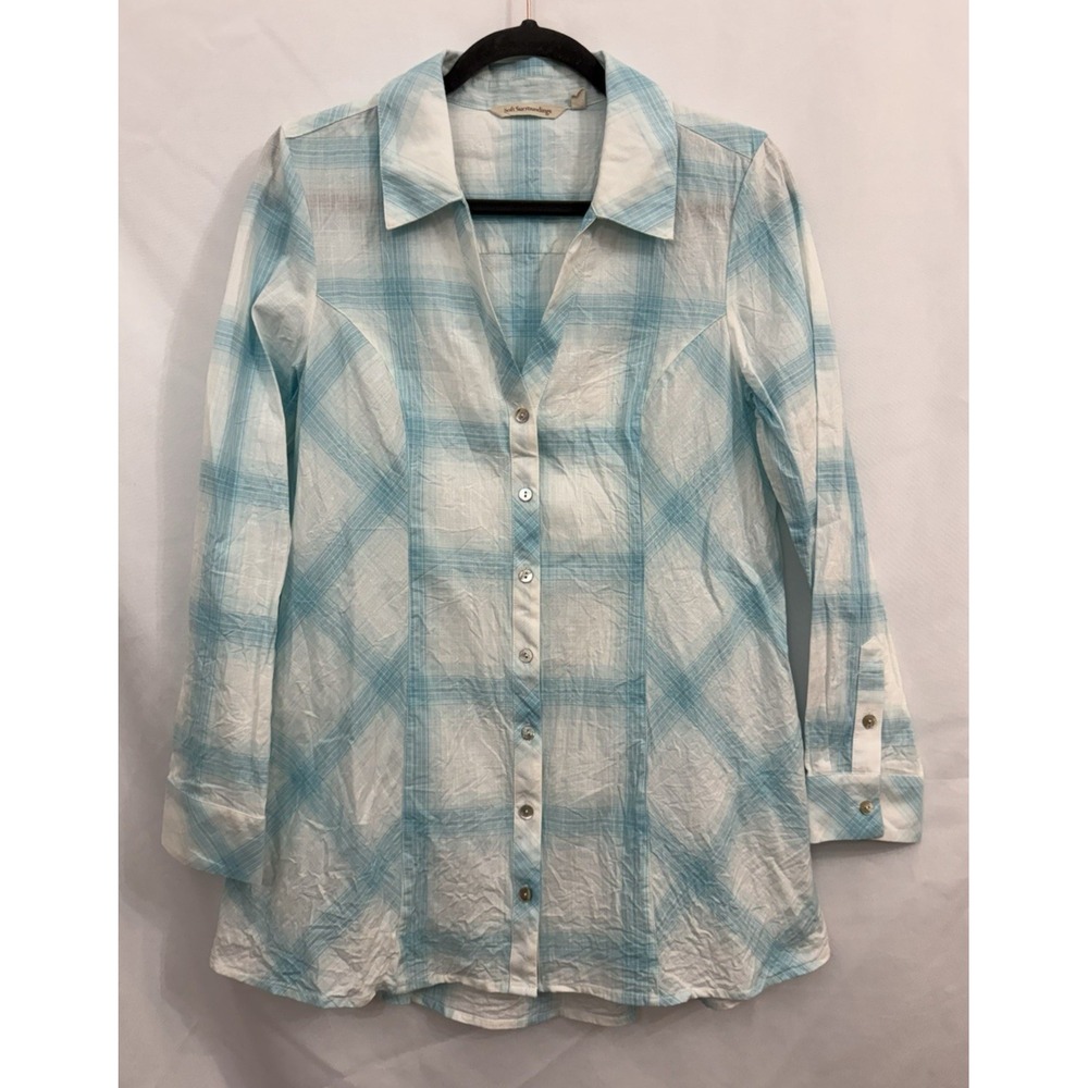Soft Surroundings Shirt Women Small Cotton Cosette Plaid Aqua Blue White Pockets